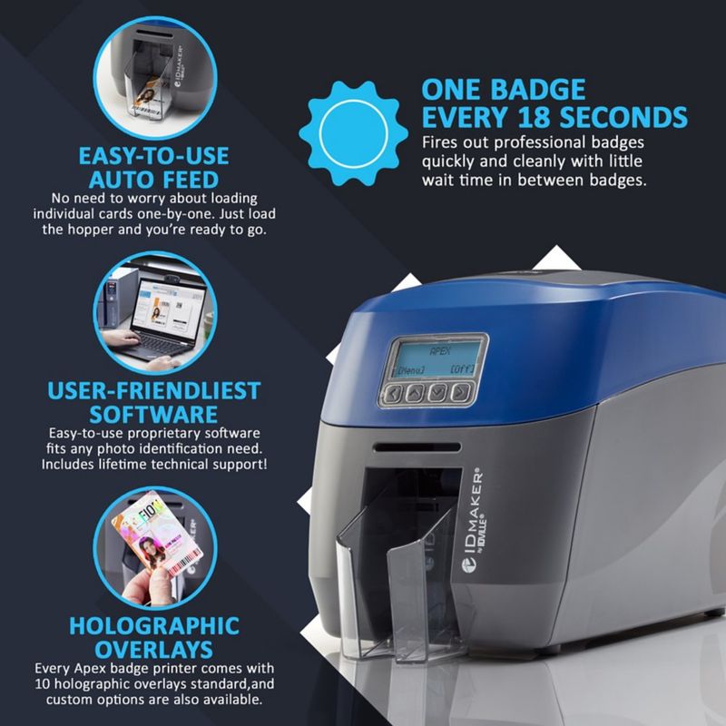 ID Maker Apex 2 Sided Card Printer Machine & Supply Kit for Badge Printing  - Print Professional Quality Identification Badges - IDMaker Software